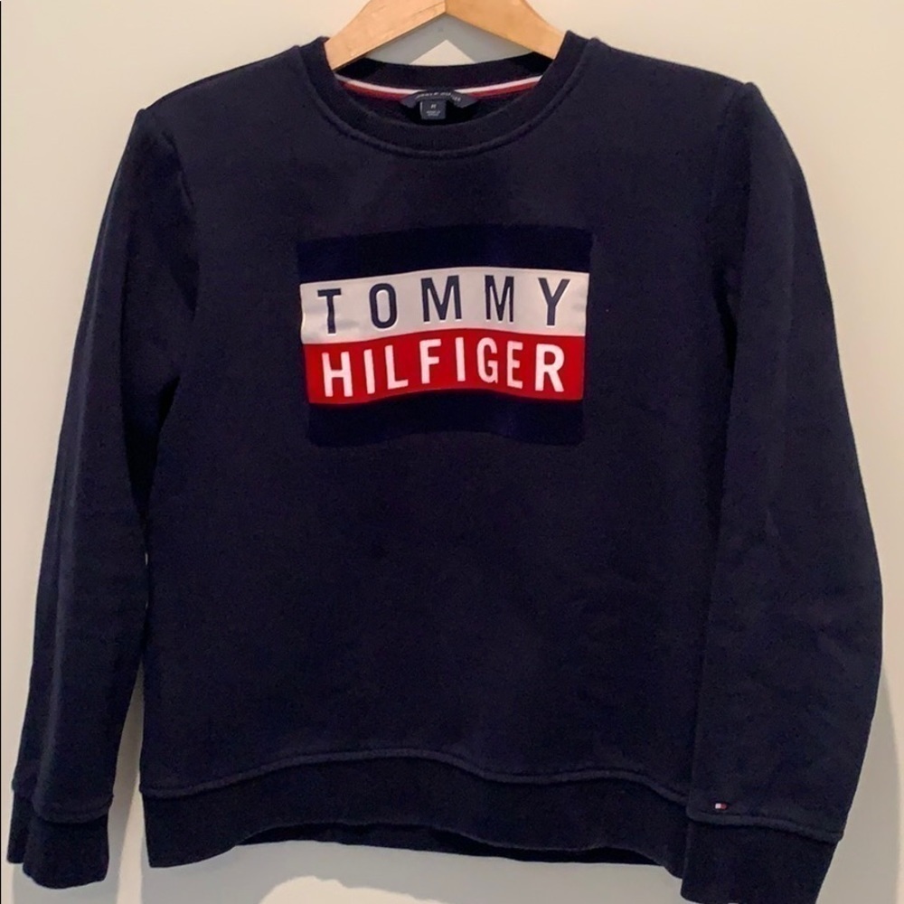 TOMMY HILFIGER Crewneck Sweater with Velvet-like Front Logo Size M